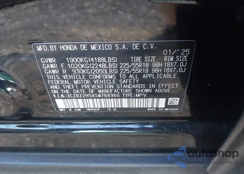 2025 Honda Hr-V Awd Sport from USA, damaged, VIN 3CZRZ2H58SM768960
